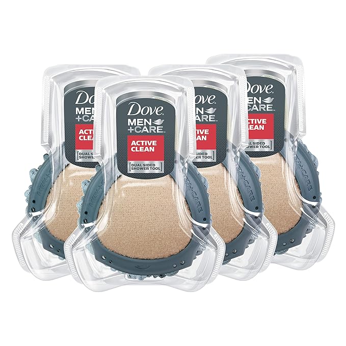 DOVE MEN + CARE Shower Tool For Stronger Healthy-Feeling Skin Active Clean Scrubs and Exfoliates Body Wash Sandalwood + Cardamom Oil to Rebuild Skin in the Shower