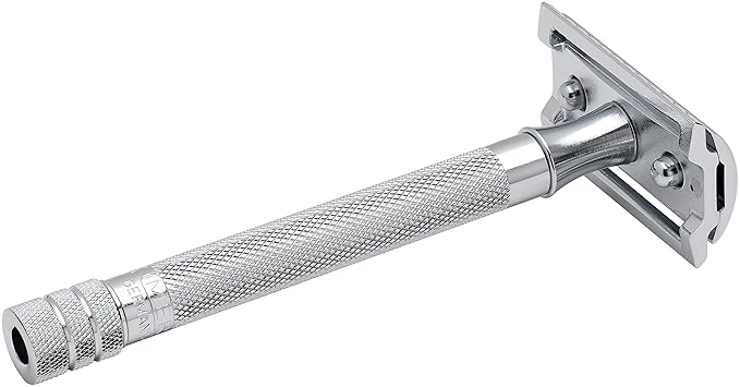 MERKUR 23C Double Edge Safety Razor - Polished Chrome Long Knurled Brass Handle Made in Germany Plastic-Free Three Piece Design Closed Comb Straight Bar