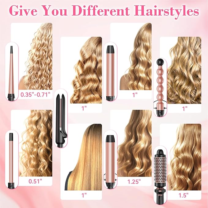 Ufree 7-in-1 Curling Iron Set with Interchangeable Ceramic Barrels Curling Wand Set with Thermal Brush Hair Straightener and Wand Curling Iron Versatile Styling Hair Curlers Set Gifts for Women
