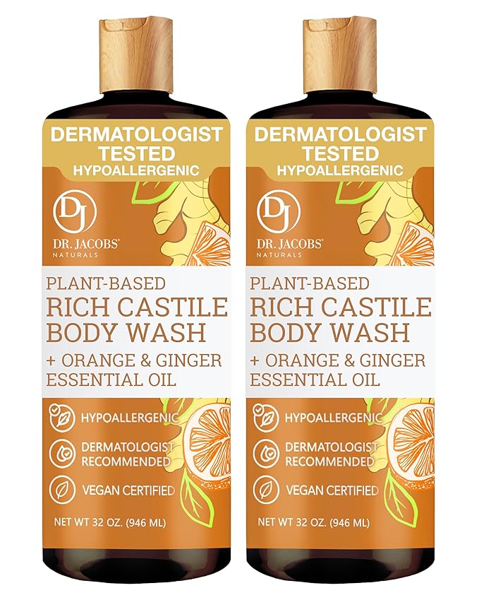 Dr. Jacobs Naturals Pure Castile Soap Liquid Body Wash Orange &amp Ginger - Plant Based Soap Infused with Vitamin E &amp Aloe Vera to Moisturize Dry and Sensitive Skin - Made in The USA - 32 oz Pa