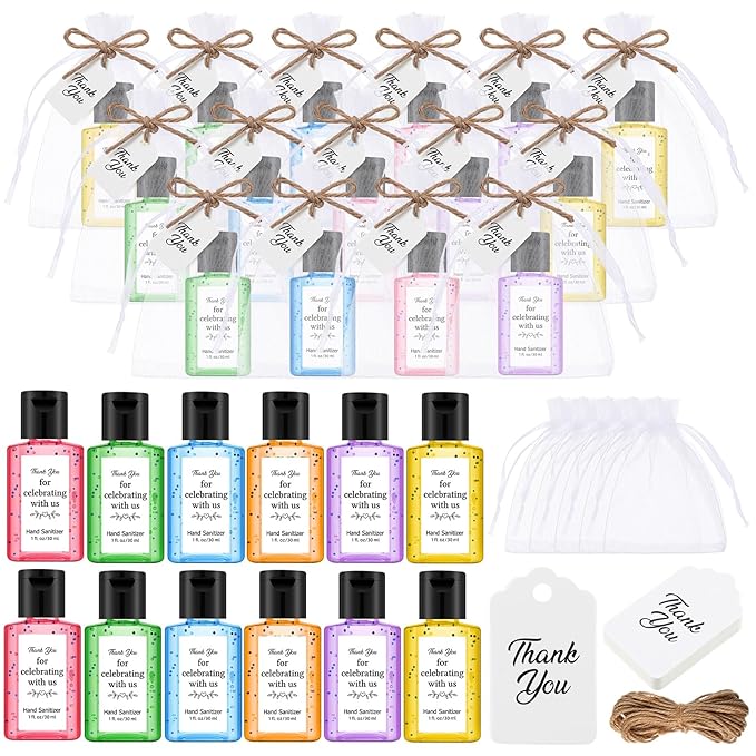 Frienda 24 Sets Wedding Hand Sanitizer Gift Set Travel Size Hand Sanitizers Gel Gift Bulk Mini Sanitizer for Wedding Baby Shower Home Appreciation Gifts for Guest Christmas Party Favor Bag Suffer