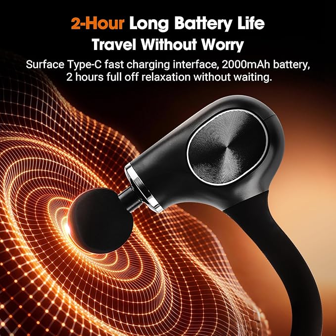 Brushless Motor Massage Gun with Upgraded Extension Handle Back Massager for Pain Relief Deep Tissue with 4 Massage Heads &amp 5 Speed Levels &amp 3 Massage Modes Black Silver
