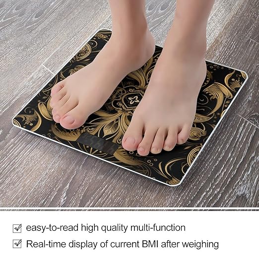 Black and Golden Pattern Scale for Body Weight Highly Accurate Digital Bathroom Scale Sturdy Tempered Glass Weighing Scales with LCD Display Fashion Body Fat Smart Scales 400lb