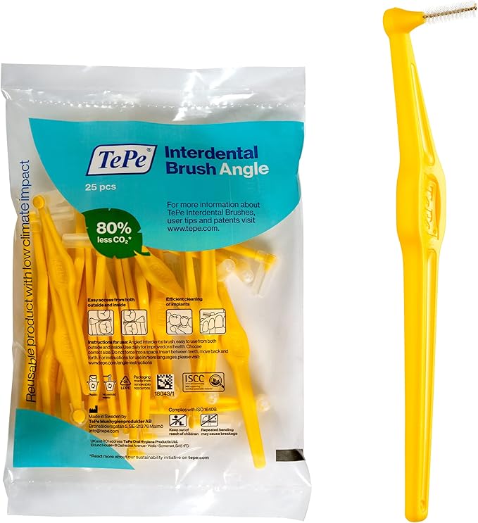 TePe Interdental Brush Angle Angled Dental Brush for Teeth Cleaning Pack of 25 0.7 mm Medium Gaps Yellow Size 4