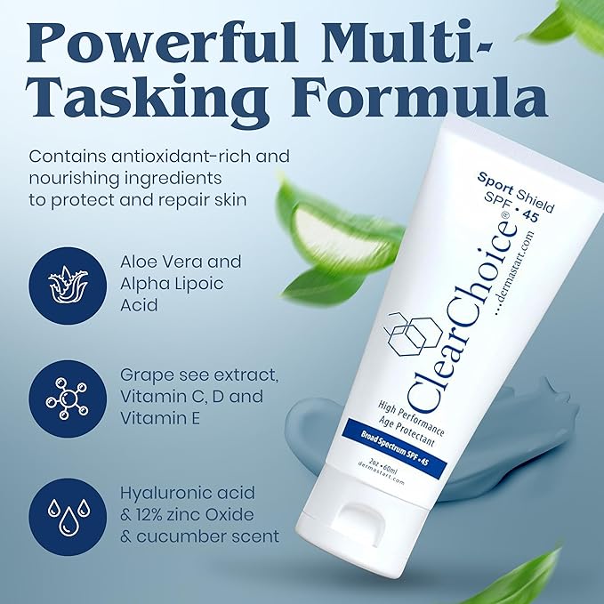 Clear Choice Sport Shield SPF 45 – Mineral Sunscreen &amp Moisturizer | Non-Greasy Broad-Spectrum Face &amp Body SPF | Micronized Zinc Oxide | No White Cast | Dermatologist Recommended 60 ml / 2 oz