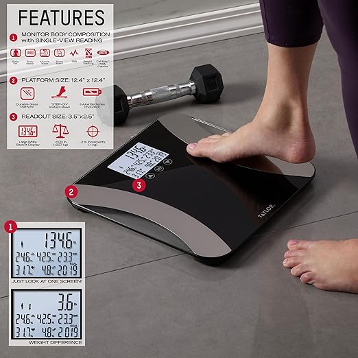 Taylor Digital Glass Body Composition Scale - Measures Body Fat Water Muscle Mass - Athlete Mode 8-User Recognition 500 lb Capacity Black