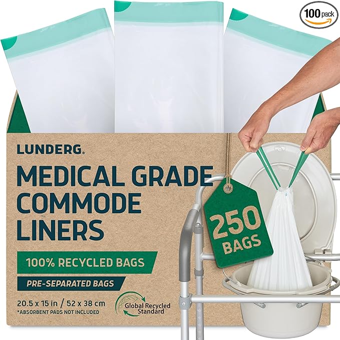 Lunderg Recycled Commode Liners - 250 Environment Friendly Portable Toilet Bags - Medical Grade Bedside Commode Liners Disposable - Universal Fit &amp Easy to Use - Absorbent Pads NOT included