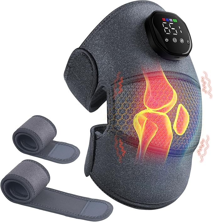 Knee Massager with Heat and Vibration Cordless Heating Pad for Knee 3-in-1 Massager for Knee Shoulder Elbow Portable Washable Heated Knee Brace for Arthritis with 2 Extension Straps