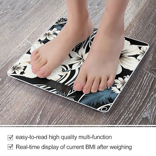 Black and White Hawaiian Flowers Bathroom Scale Rounded Smart Scale for Body Weight Automatic Power On/Off Weight Scales Accurate Bathroom Digital Scales for Pet Home Bedroom Kitchen