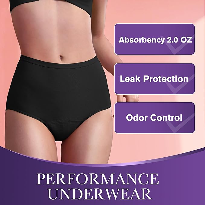 Women Leak Proof Incontinence Underwear Washable Absorbency Protective Postpartum Panties 2.0 OZ Bladder Control 3 Pack (1 Black-2 Beige 2XL)