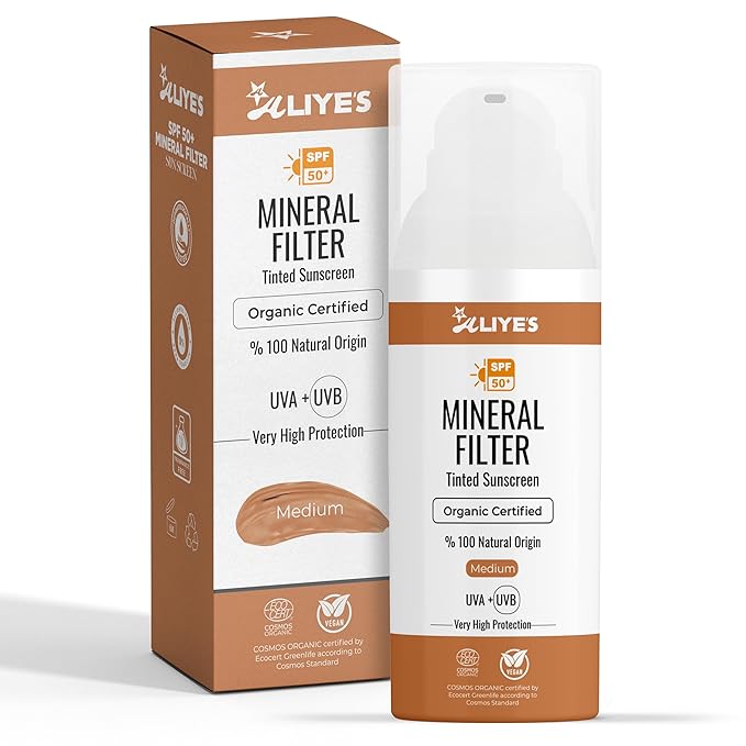 Aliye’s Tinted Organic Sunscreen SPF 50+ | Ecocert Cosmos Certified | 100% Mineral &amp Vegan Sun Protection | Safe for Sensitive Skin | 50ml (Medium)