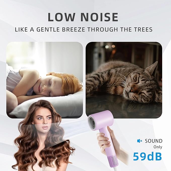 High-Speed Hair Dryer 160000 RPM Brushless Motor for Ultra-Fast Drying500M Ionic Negative for Frizz Reduce Low Noise Thermo-Control Blow Dryer for Women and Men Purple