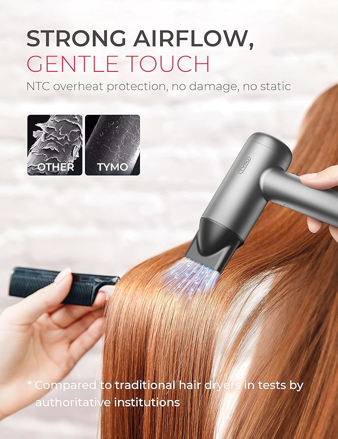 TYMO Ionic Hair Dryer for Women Professional Blow Dryer with 110000 RPM Brushless Motor for Fast Drying Travel Lightweight AIRHYPE Lite Hairdryer Low Noise 4 Temps &amp 3 Speeds for Man Silver