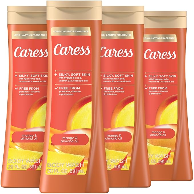 Caress Mango &amp Almond Oil Body Wash Hyaluronic Acid &amp Vitamin B3 for Moisturized Silky Soft Skin Long-Lasting Tropical Fragrance 20 fl oz (4 Pack)