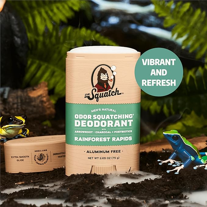 Dr. Squatch Natural Men’s Deodorant – Aluminum Free Natural Deodorant Men with Charcoal &amp Postbiotics for 72-Hour Odor Protection – Rainforest Rapids 2.65oz Stick (3-Pack)