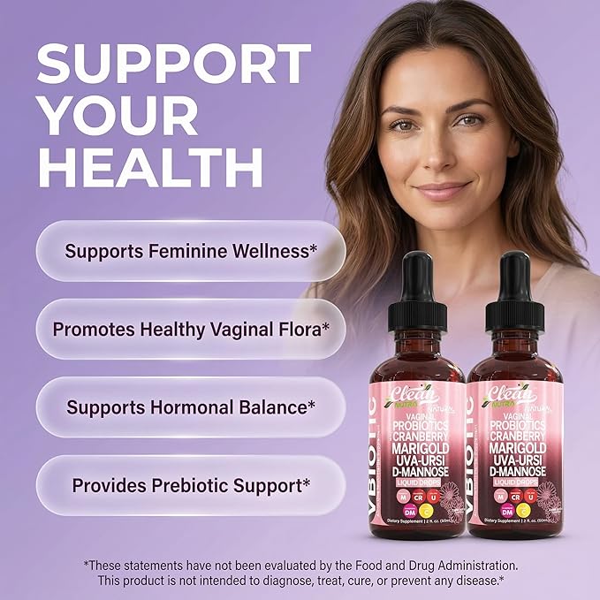 VBiotic Vaginal Probiotic for Women Liquid Drops | Womens Probiotics | Cranberry Uva Ursi Horsetail D-Mannose Prebiotics Marigold &amp Black Cohosh Vaginal Health Supplement | pH Balance | By Clean N