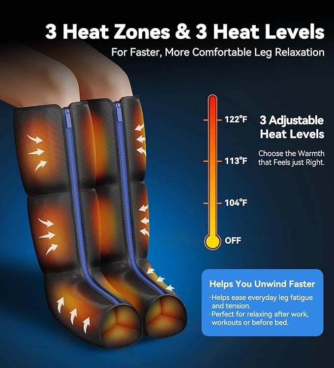 Leg Massager with Heat Foot and Calf Air Compression Massager with 6 Modes &amp 9 Intensities 3-Level Heating LED Display Timer Zipper Design Home Relaxation for Tired Feet &amp CalvesPitch-b