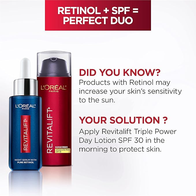 L'Oreal Paris Revitalift Triple Power Anti-Aging Broad Spectrum SPF 30 SunscreenPro RetinolHyaluronic Acid &amp Vitamin C LotionReduces Wrinkles 1.7 Oz(Pack of 2)