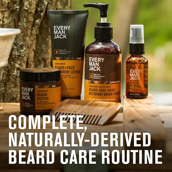 Every Man Jack Beard Essentials Gift Set for Men – Complete Routine with 5 Full-Size Essentials – Sandalwood Scent - Beard &amp Face Wash Lotion Oil Butter &amp Comb