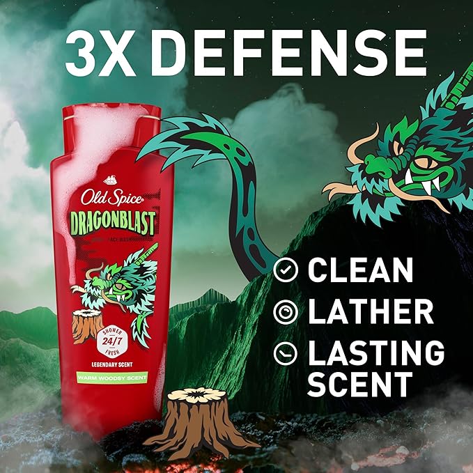 Old Spice Cleansing Body Wash for Men 3X Defense 24/7 Shower Fresh with Lasting Scent 2-in-1 Body &amp Face Wash Dragonblast Scent 24 oz (Pack of 4)