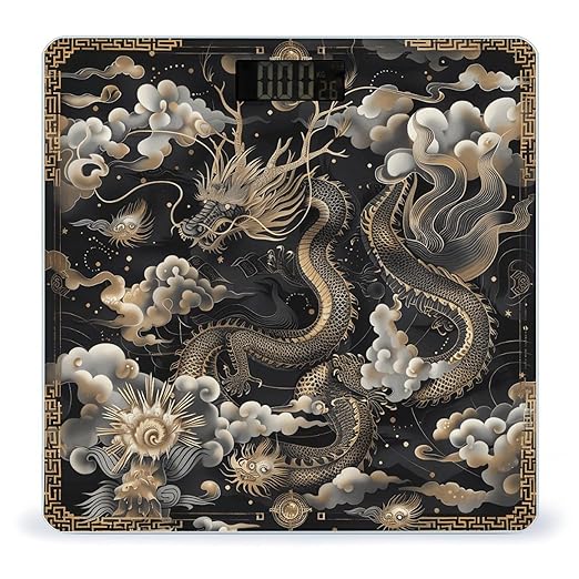 Black Chinese Dragon Bathroom Scale for Body Weight LCD Display Digital Bathroom Scale Tempered Glass Bathroom Weight Scales Fashion Smart Scales for Home Bedroom 400 Lb