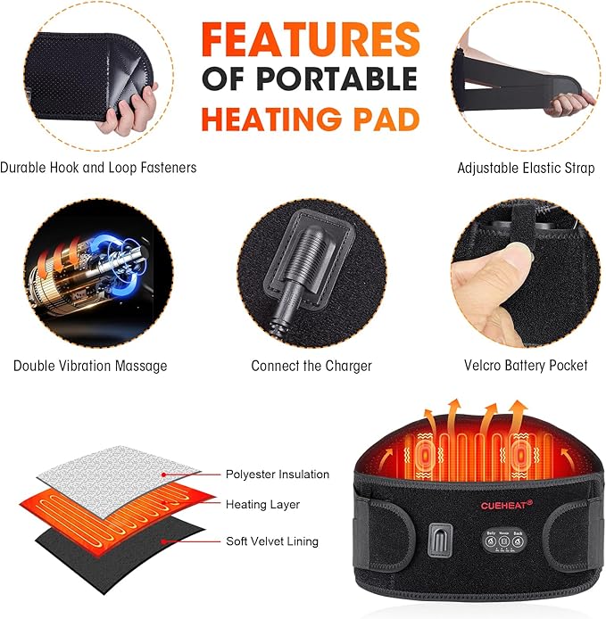 CUEHEAT Heated Waist Belt Cordless Back and Belly Heating Massage Electric Rechargeable Battery Powered