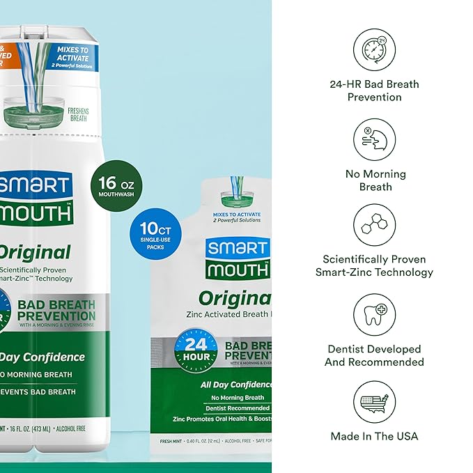 SmartMouth Original Zinc Activated Mouthwash &amp Single Packs - Instant Fresh Breath Mouthwash - Eliminates Bad Odors &amp Bad Breath - Alcohol-Free - Fresh Mint - 16 fl oz Bottle &amp 10 Count Si
