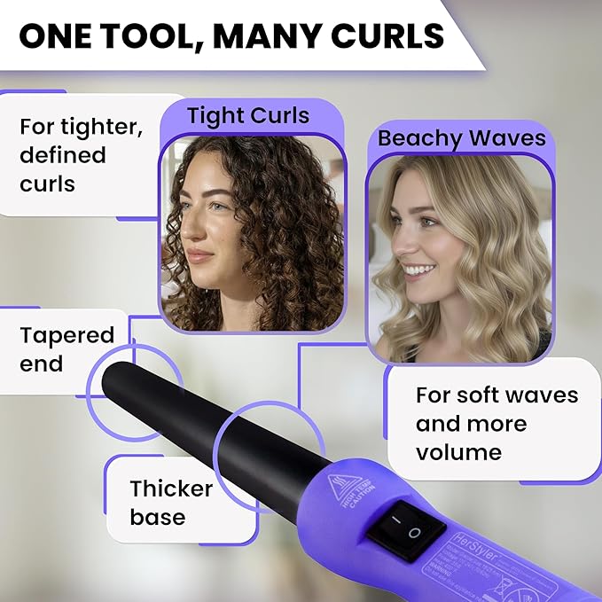 Herstyler Grande Ceramic Tapered Curling Wand - 1 inch Dual Voltage with Negative Ions for Long and Short Hair (Purple)