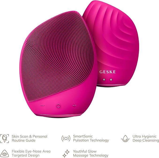 GESKE SmartAppGuided™ Sonic Facial Brush 5 in 1 | Vibrating Electric Facial Cleansing Brush | Soft Silicone Brush | Professional Facial Cleanser | Skin Cleanser &amp Exfoliator | Face Massager