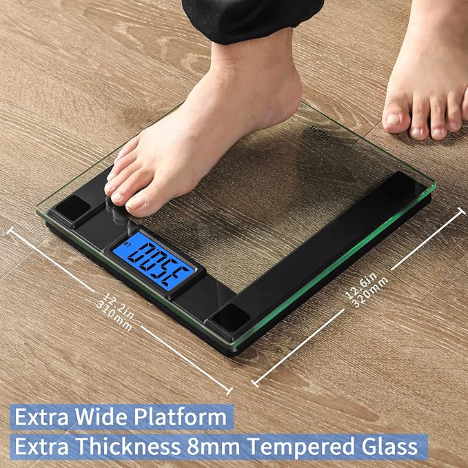 Vitafit 550lb Digital Bathroom Scale for Body Weight and BMI Via Smart APP High Accuracy Assured by Weighing Professional Since 2001 8mm Tempered Glass Extra Large Blue Backlit LCD Black