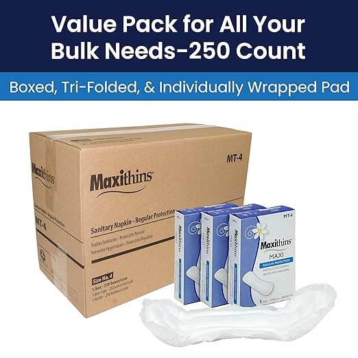 HOSPECO Maxithins Vended Sanitary Napkins #4 Maxi 250 Individually Boxed Napkins/carton
