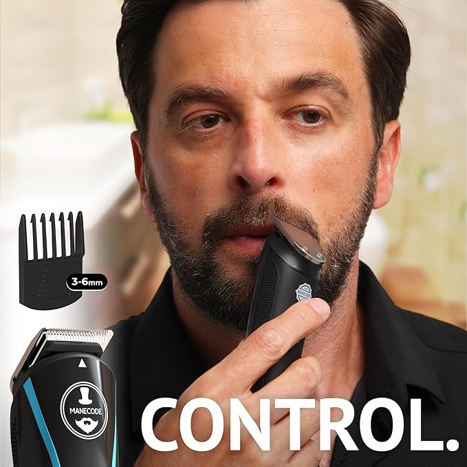 MANECODE® Beard &amp Hair Trimmer for Men – Self-Sharp Blades® USB-C Waterproof LED Display Multi-Grooming Kit