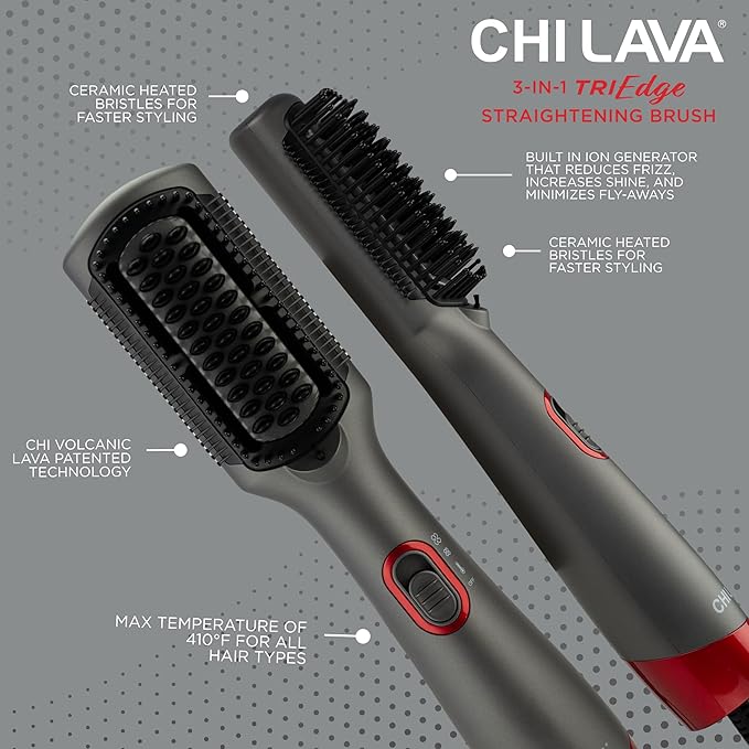 CHI Lava Heated Straightening Brush 3-in-1 Hair Straightener Dryer &amp Smoothing Comb Reduces Frizz &amp Increases Shine for Healthy &amp Easy Styling