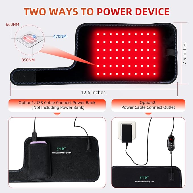 UTK Red &amp Blue Light Therapy Pad for Body 3-in-1 LED Bead Light Therapy Belt with Timer Remote Control 470nm Blue Light &amp 660nm Red Light &amp 850nm Infrared Light Therapy for Back Waist Sh