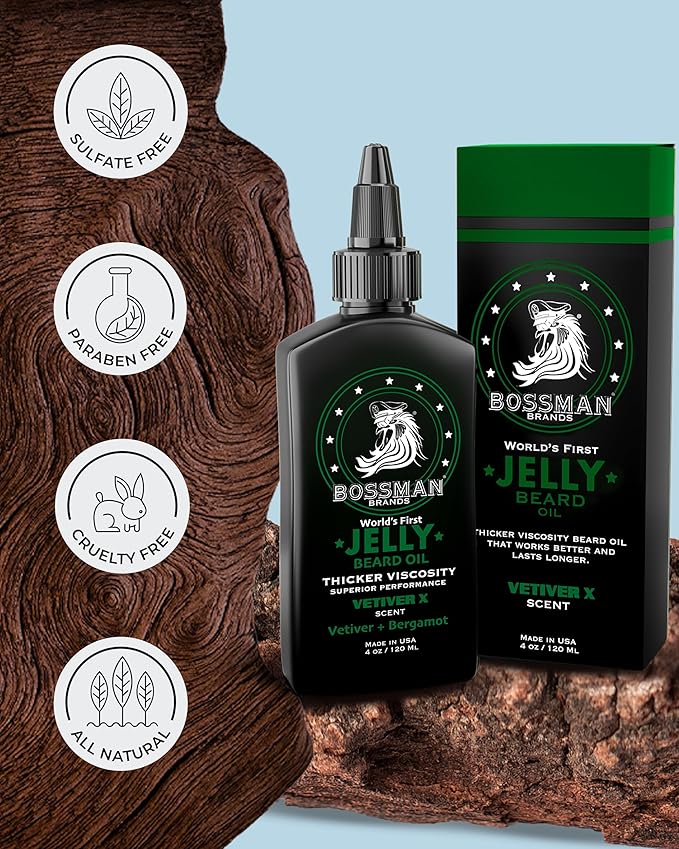 Bossman Jelly Beard Oil for Men - 3 Pack (12 oz in Total Vetiver X Scent) – Softens Moisturizes &amp Conditions with Natural Ingredients