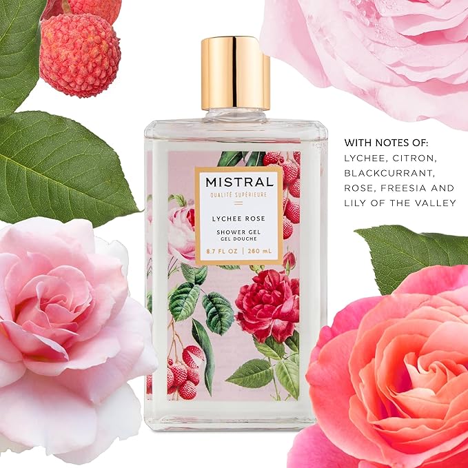 Mistral Lychee Rose Luxury Shower Gel - Body Wash for Women – Moisturizing Clean Body Wash with Aloe Vera Chamomile &amp Sweet Almond Oil | Paraben-Free Hydrating | Scented Shower Gel - 8.7 fl oz