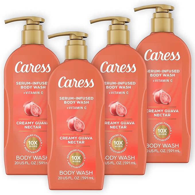 Caress Creamy Guava Nectar Moisturizing Body Wash with Pump Serum-Infused Formula with Vitamin C Fruity Citrus Woody Long Lasting Fragrance Dermatologist Tested 20 fl oz (4 Pack)