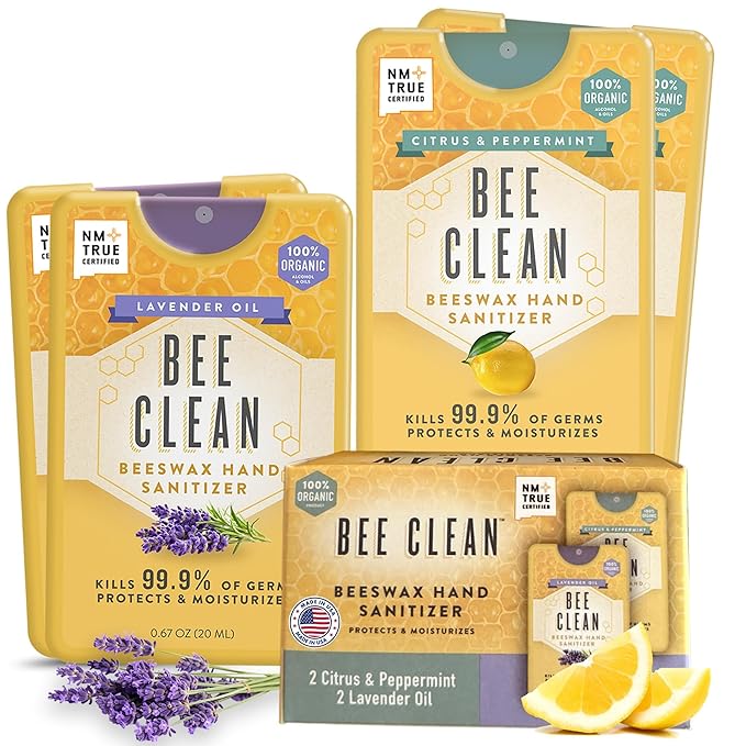 4-Pack Combo Hand Sanitizer Spray - 2 Lavender + 2 Citrus Peppermint Travel Size Mist Spray with Organic Ethyl Alcohol Beeswax - Moisturizing with Essential Oils Non-Toxic Made in USA