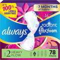 Always Radiant Feminine Pads for Women Flexfoam Pads with Wings Size 2 Heavy Absorbency Lightly Scented 78 Count (3 Packs of 26)