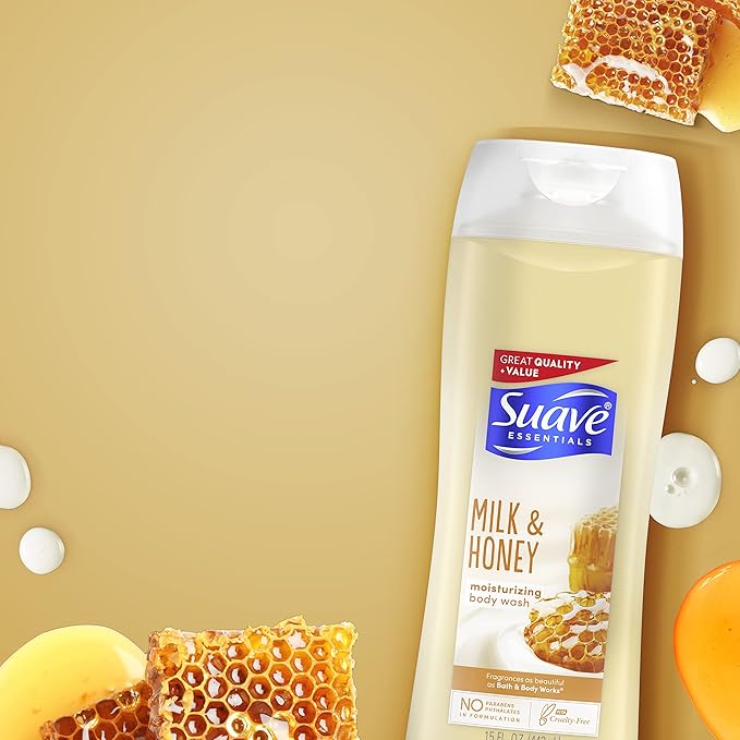Suave Essentials Body Wash Creamy Milk and Honey Splash 15 Fl Oz (Pack of 6)