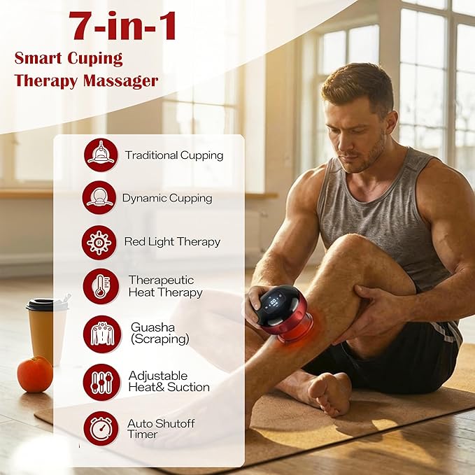 Electric Smart Cupping Massager with Red Light &amp Heat 7‑in‑1 Device for Pain Relief &amp Deep Tissue Massage USB Rechargeable 12 Adjustable Suction Levels Suitable for Multiple Body Parts
