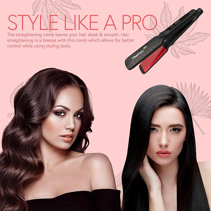 Thairapy 365 Wet or Dry Salon Quality Flat Iron Set ● 1.5 inch Extra Wide Styling Plates ● 450F to 140F Digital Temp Control - Professional Hair Straightener &amp Comb - Dual Voltage 110v-240v