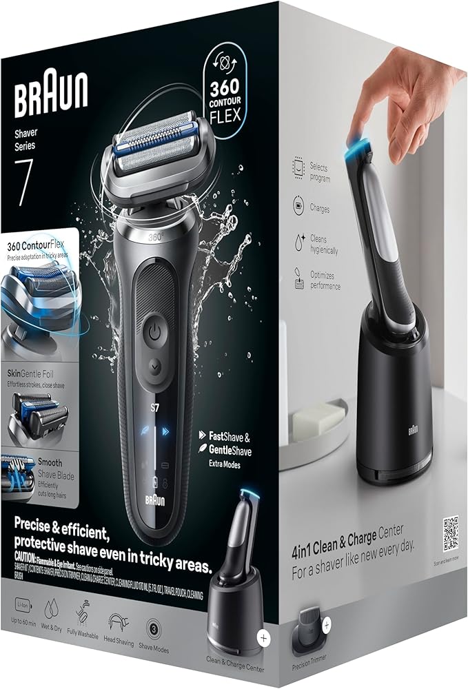 Braun Electric Shaver for Men Series 7 7171cc Wet &amp Dry Shave Turbo &amp Gentle Shaving Modes Waterproof Foil Shaver with Precision Trimmer Space Grey