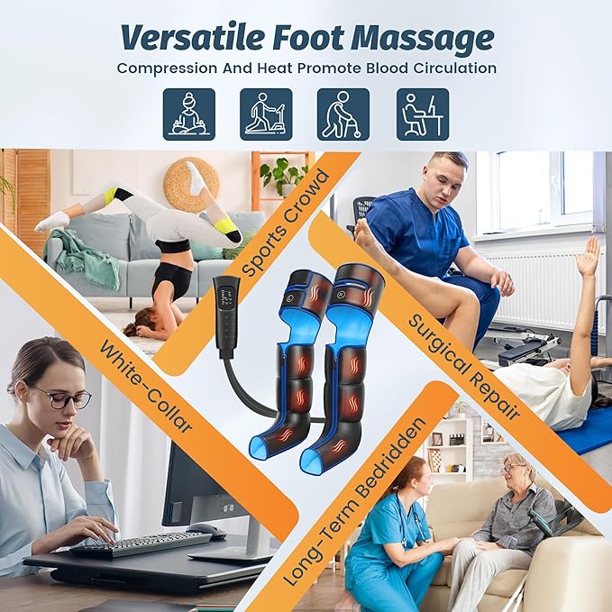 Leg Air Massager with Heat &amp Compression Calf Thigh Foot Massager for Circulation Relaxation Pain Relief - 6 Modes 3 Intensity Levels 3 Heat Levels
