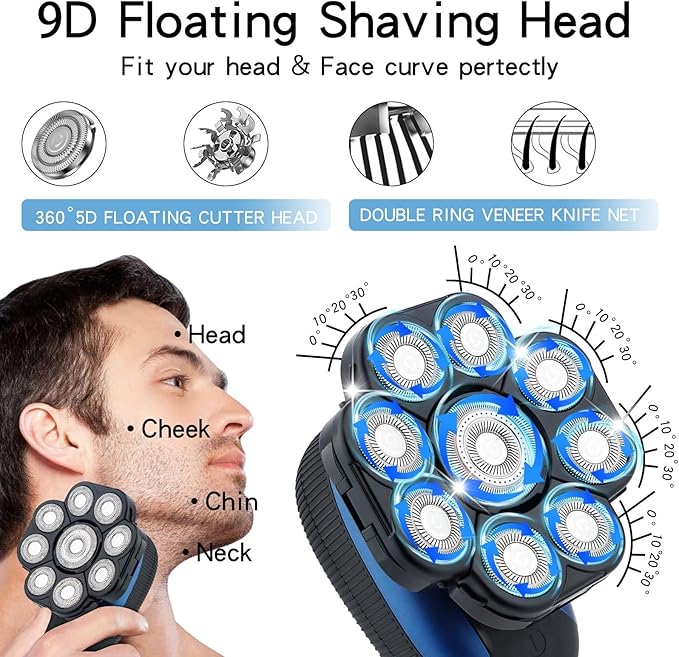 Head Shavers for Bald Men 6 in 1 Ipx7 Waterproof Electric Shaver Shaver for Men Beard Hair Trimmer Rechargeable Bald Shaver Grooming Kit