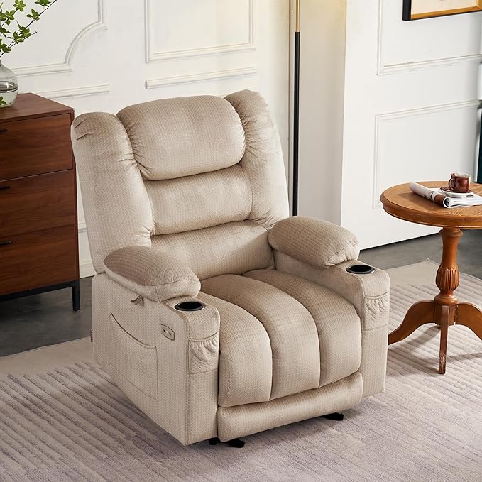 MCombo Recliner Chair for Adults Zero Gravity Recliner with Massage and Heat USB &amp Type C Ports Cup Holders for Living Room 6079(Beige)