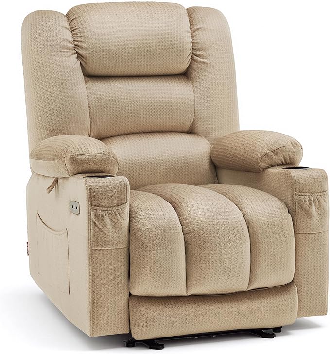 MCombo Recliner Chair for Adults Zero Gravity Recliner with Massage and Heat USB &amp Type C Ports Cup Holders for Living Room 6079(Beige)