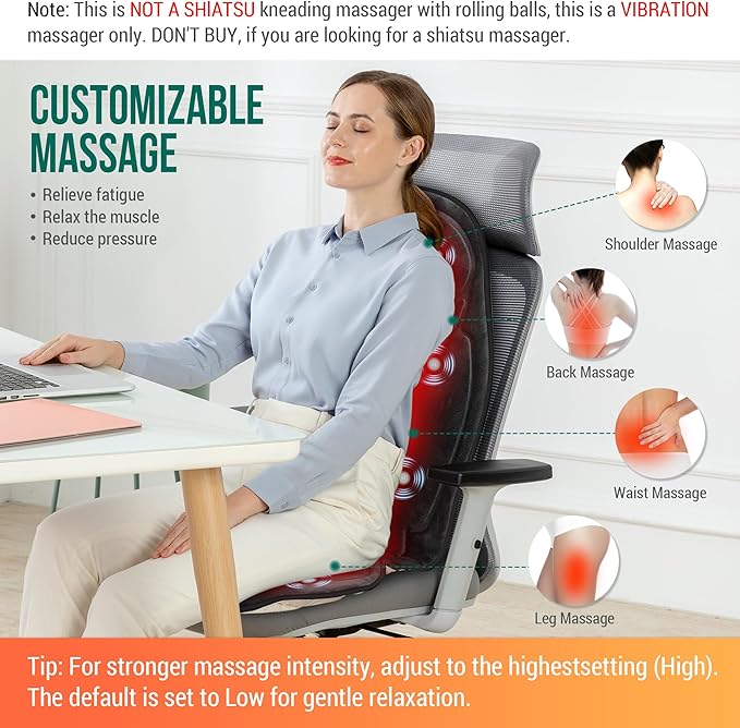 Snailax Vibration Back Massager with Heat Massage Seat Cushion with 6 Vibrating Motors and 2 Heat Levels Massage Chair Pad for Home Office use Gifts for Him Her