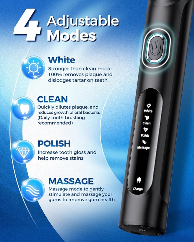 TEETHEORY Rotating Electric Toothbrush for Adults with 8 Brush Heads (2 Types) 4 Modes Deep Clean Electric Toothbrush with Rechargeable Power and 2 Min Smart Timer (1- Black with travelcase)