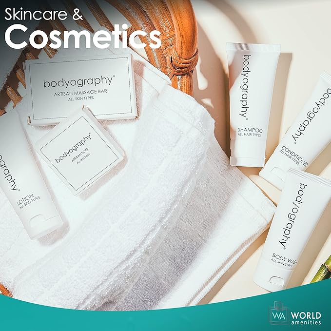 World Amenities - Bodyography blanc- Bulk Body Wash | 50 Count 1.4oz | Vanilla White Tea Mini Travel Size Toiletries (100% Recyclable Tube with Flip Top Cap) Hotel Amenities.